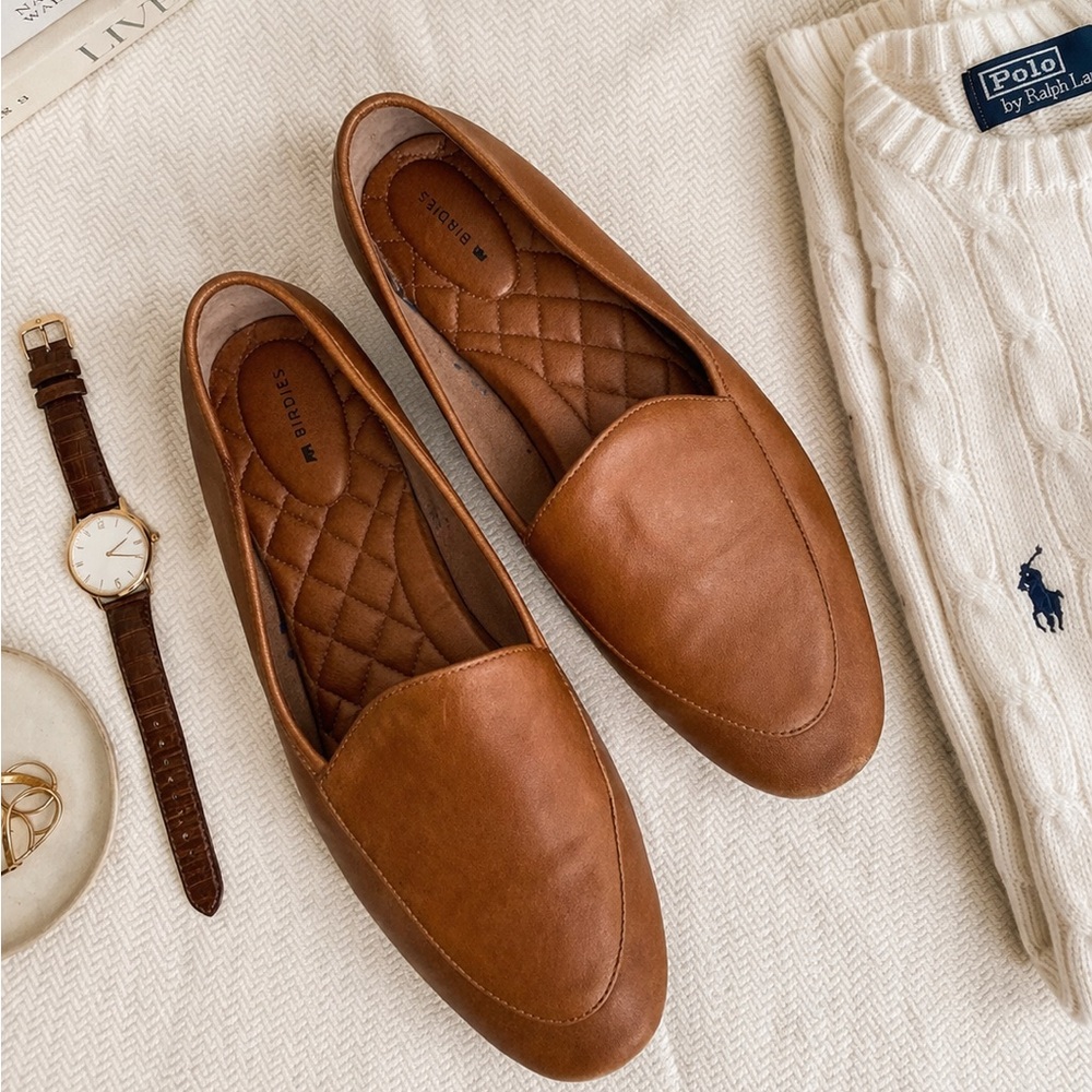 Birdies Leather Loafers Cognac Brown Slip On Flats Size 10.5 Quilted Insole